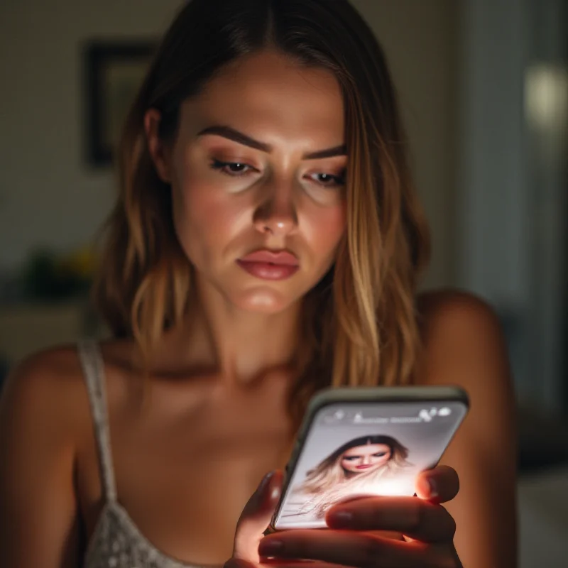 A woman looking at her phone with a concerned expression, surrounded by images of perfectly filtered and posed celebrities on social media.