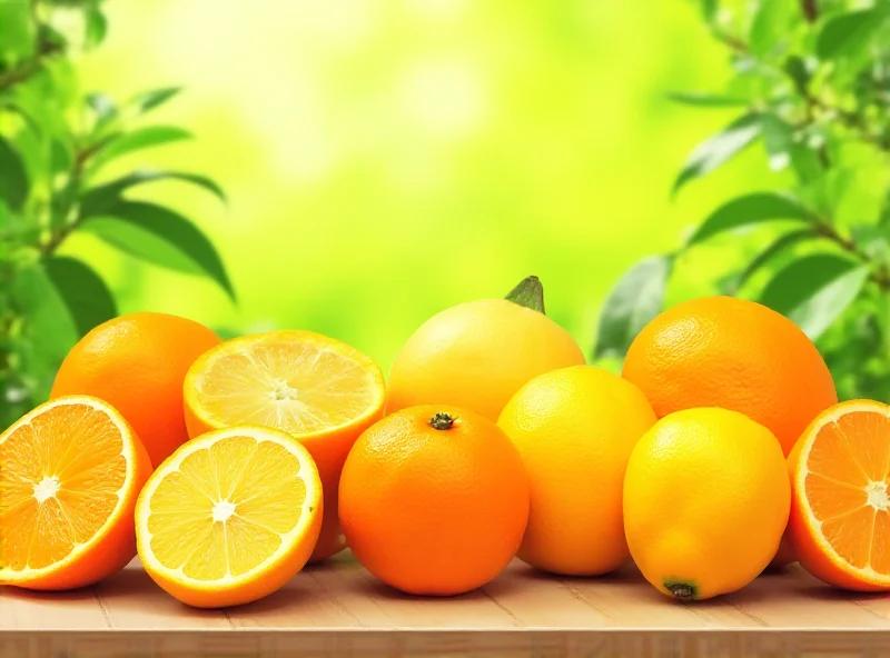 Illustration of citrus fruits like oranges, lemons, and limes, arranged on a wooden table with leafy greens in the background, suggesting a healthy diet rich in vitamin C.