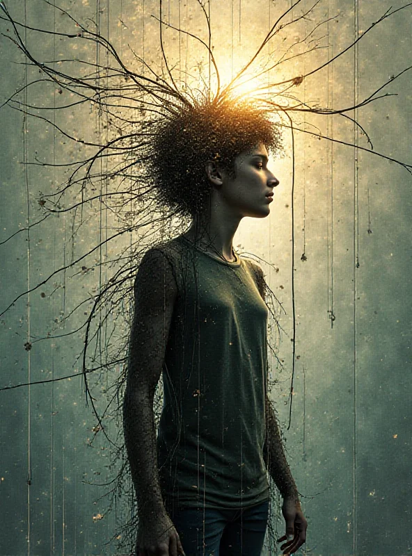 Abstract image representing the complexities of adolescent addiction, showing a young person surrounded by tangled threads, some broken and some leading towards light and support.