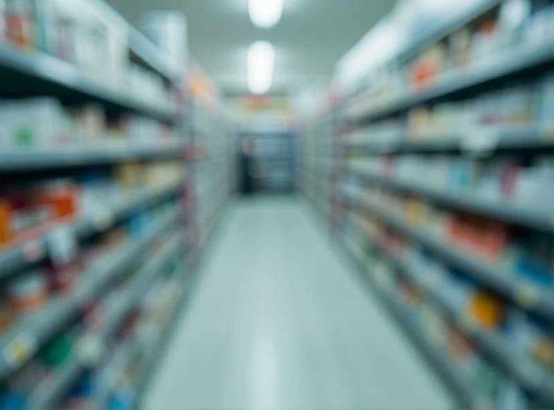 A blurred image of a pharmacy with various medication packages visible, suggesting the controversy surrounding prescription drugs and healthcare regulations.