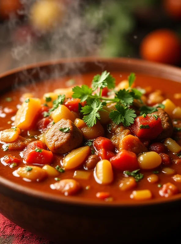 A vibrant photo of a steaming bowl of Mardi Gras gumbo, showcasing various vegetables and spices.