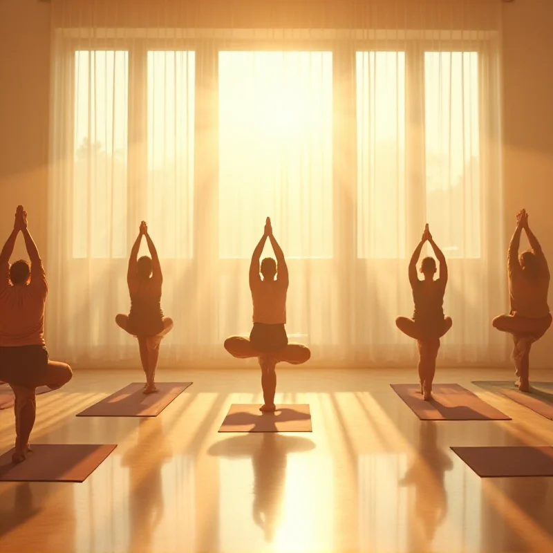 A serene image of a yoga class in a sunlit studio, with participants in various yoga poses.