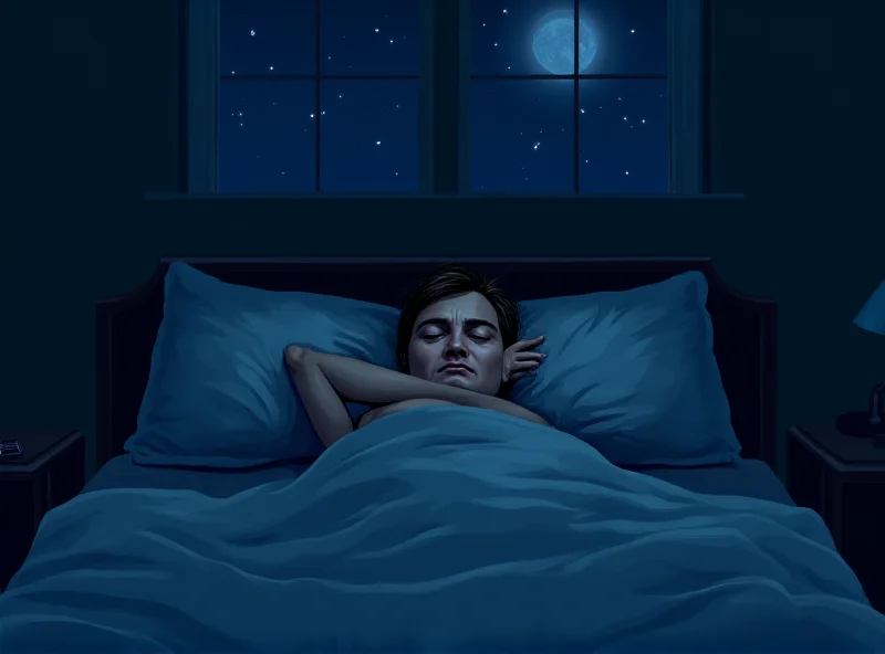 Illustration of a person tossing and turning in bed, unable to sleep. Dark and muted colors.