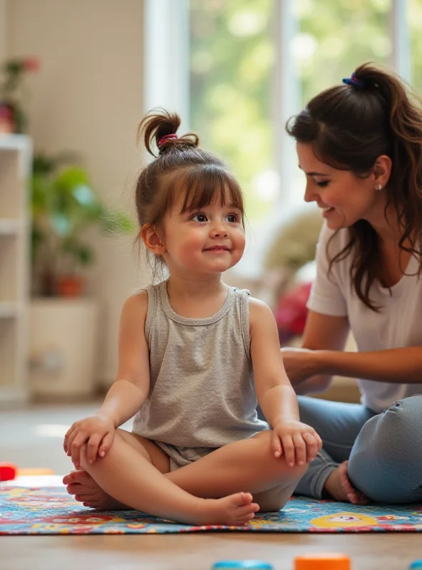 A young child sitting cross-legged on a yoga mat, being guided by a physiotherapist. Bright and cheerful environment.