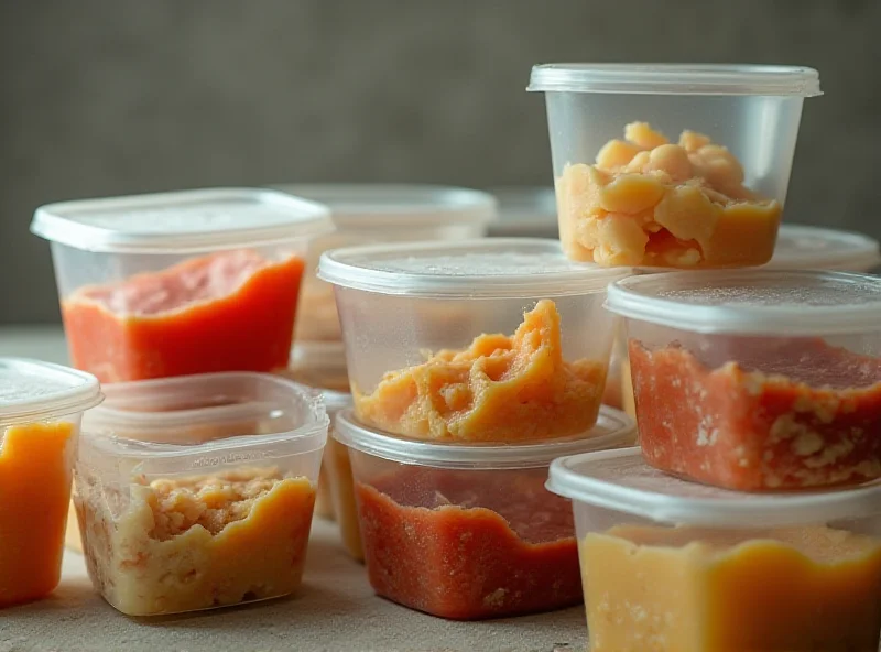 Close-up shot of various types of plastic food containers, some containing food remnants. Focus on the textures and potential toxins leaching from the plastic.