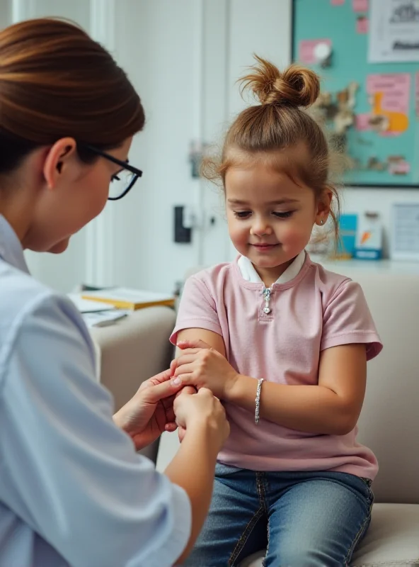 Close-up of a child receiving a measles vaccination from a doctor.