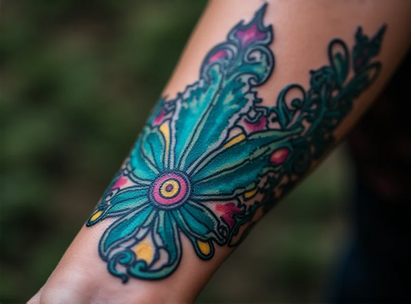 Close-up of a colorful tattoo on a person's arm.