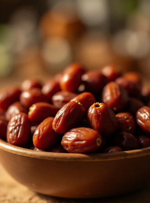 Close-up of a bowl of fresh dates, with a soft, warm light.