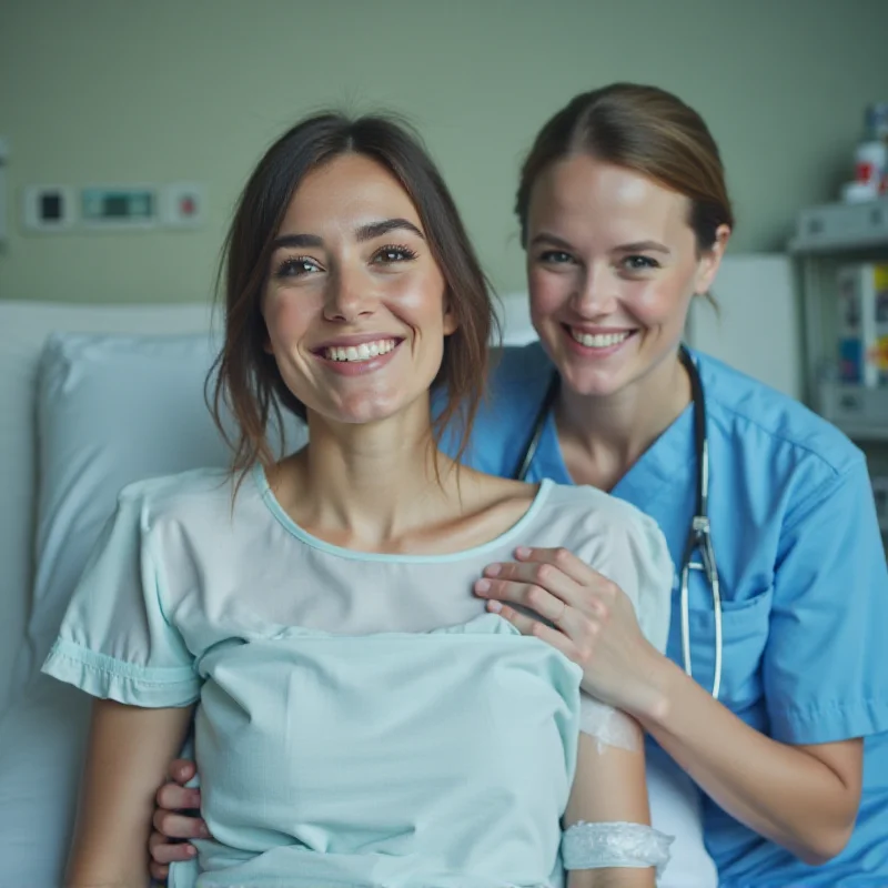 A woman in a hospital bed, smiling and receiving support from a healthcare worker.