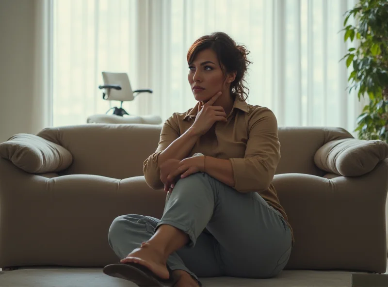 A person sitting on a couch looking thoughtful in a therapist's office.