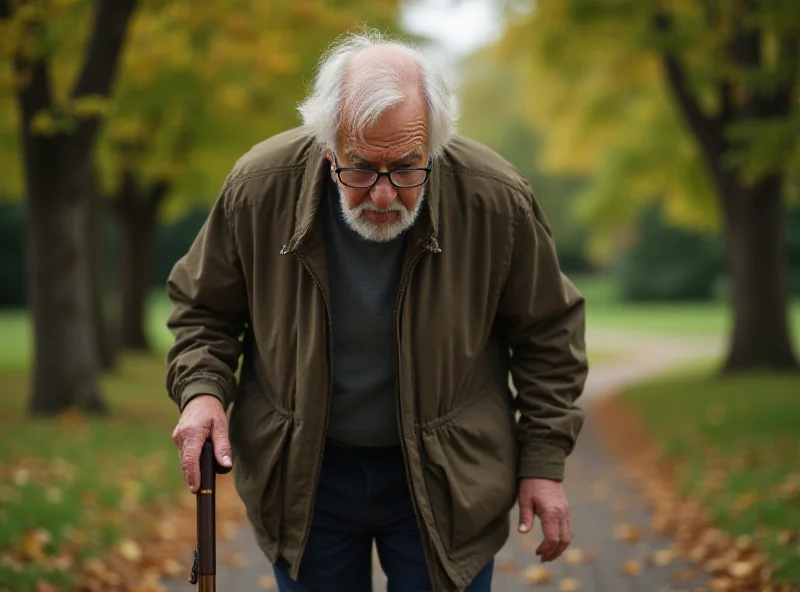 An elderly person with tremors holding a cane.