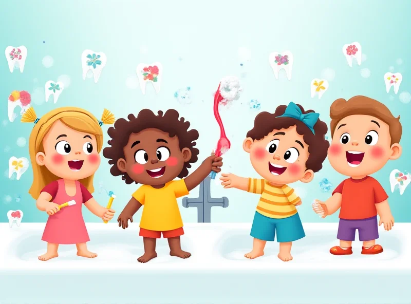 Illustration of children brushing their teeth, emphasizing proper technique and dental hygiene.