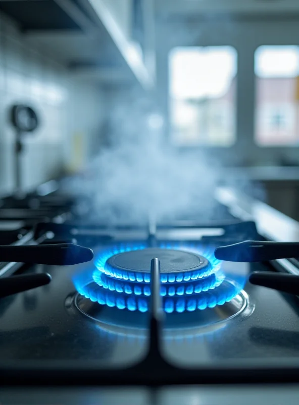 A modern kitchen with a gas cooker, emphasizing the potential for hidden pollution and the need for proper ventilation.