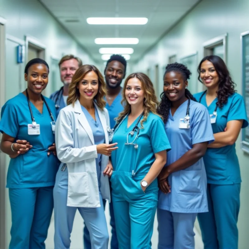 A diverse group of doctors and nurses smiling and working together in a modern hospital setting, symbolizing the changing demographics of the UK medical profession.