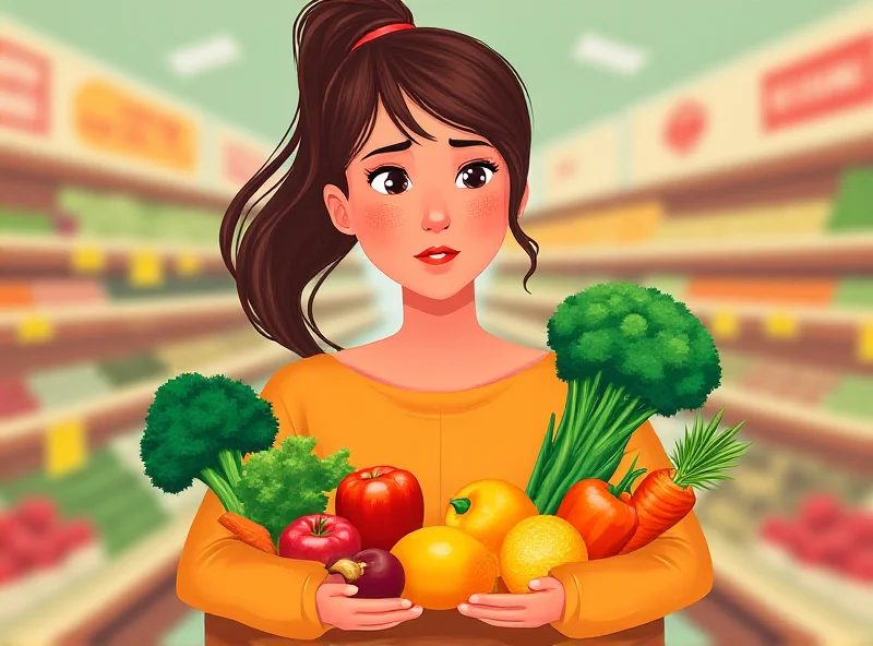 Illustration of a woman holding a variety of colourful fruits and vegetables, with a concerned expression on her face.