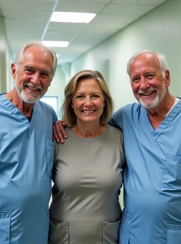 A photo of two elderly surgeons smiling warmly at a woman, presumably one of the twins they separated as babies, in a modern hospital setting.