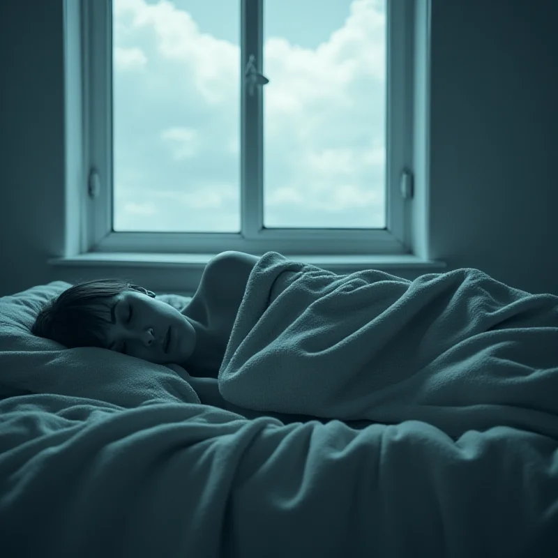 A desaturated image of a person lying in bed, looking exhausted, with a window showing a cloudy sky in the background.