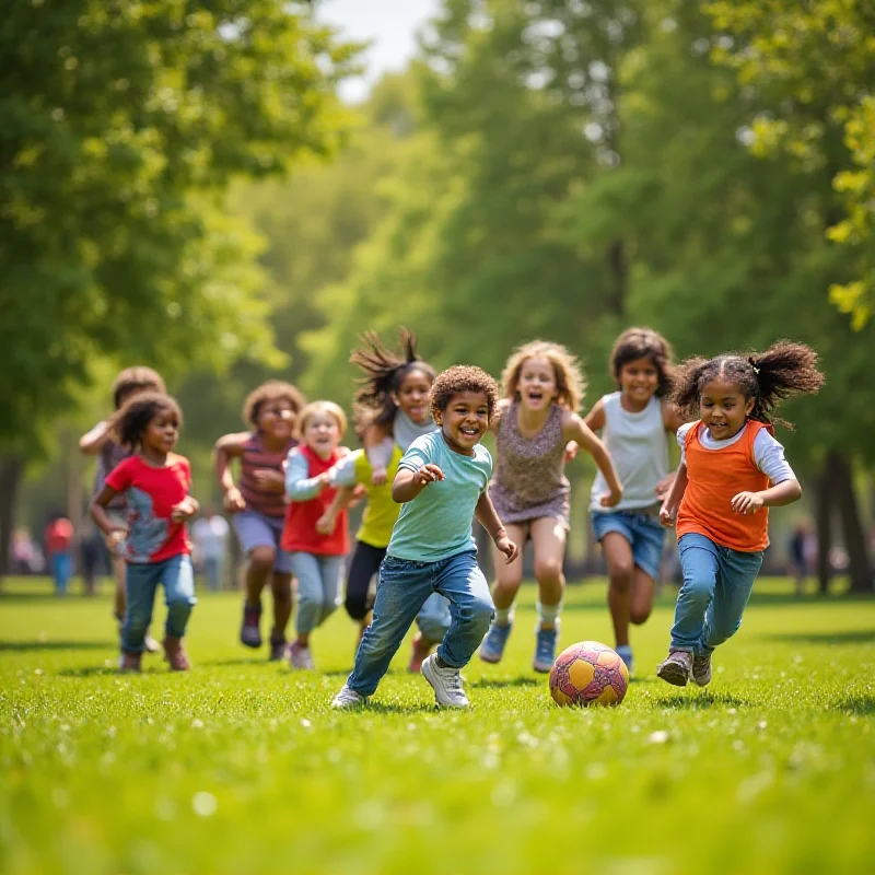 A diverse group of children playing actively outdoors.