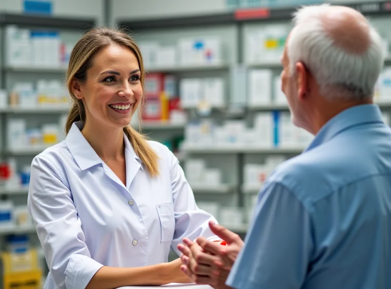 A pharmacist assisting a patient at a pharmacy counter.