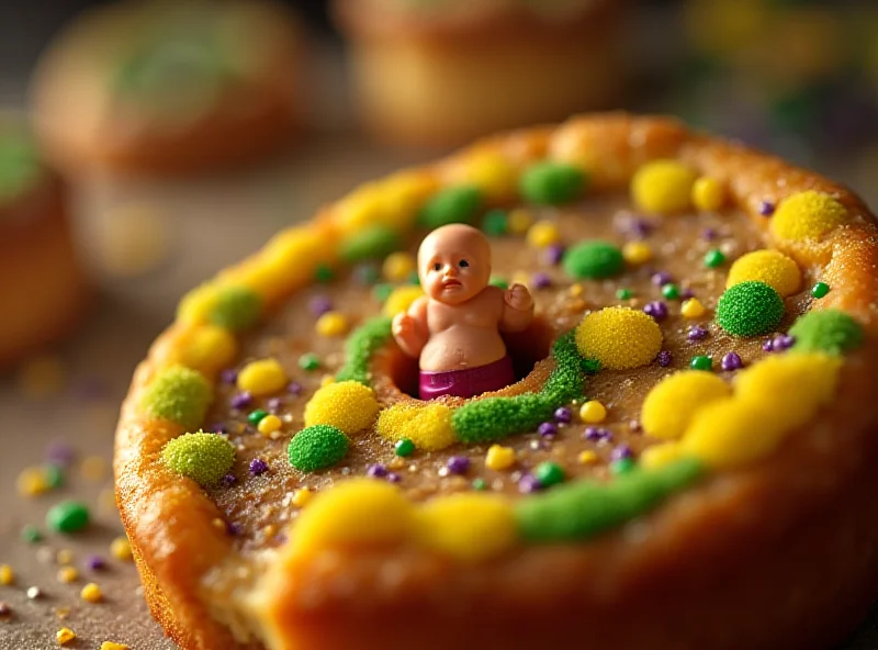 A close-up shot of a slice of king cake with a small plastic baby figurine inside.