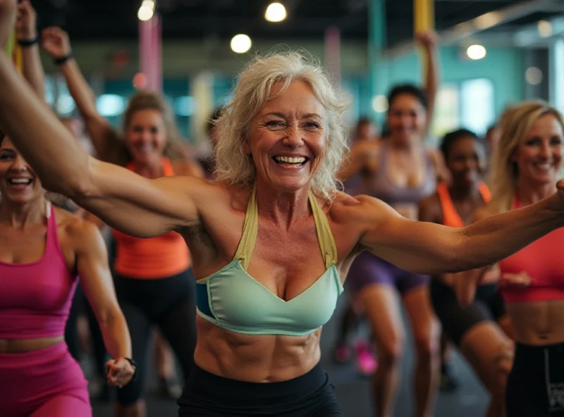 A group of diverse middle-aged women participating in a fitness class, smiling and looking energetic.