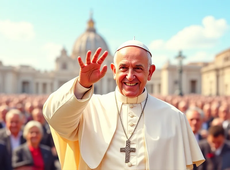 Illustration of Pope Francis in good health, smiling slightly and waving to a crowd. The background shows St. Peter's Basilica in Vatican City.