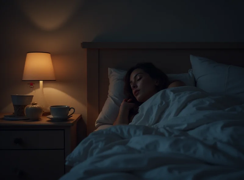 A calming image of a person in bed, asleep. The room is dimly lit with soft, warm light. A cup of herbal tea sits on the nightstand. The overall mood is peaceful and serene, suggesting restful sleep.