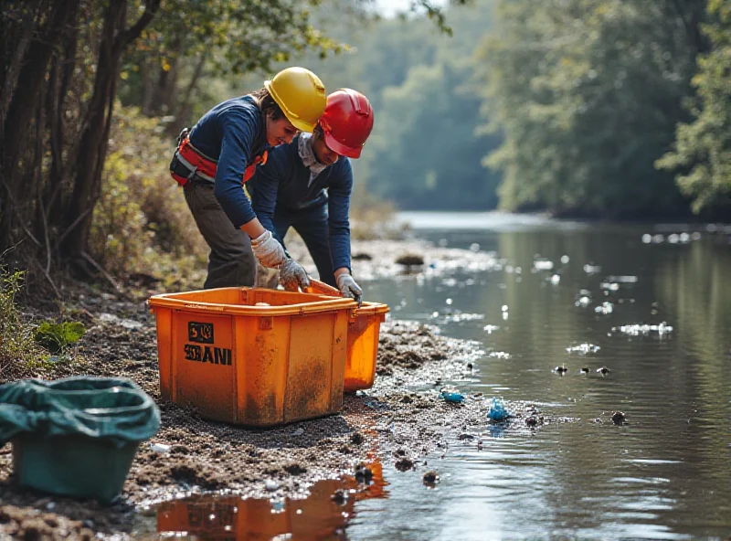 Volunteers cleaning up syringes from a riverbank.