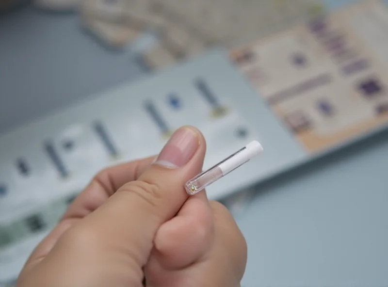 Close up of a finger-prick blood test being administered.