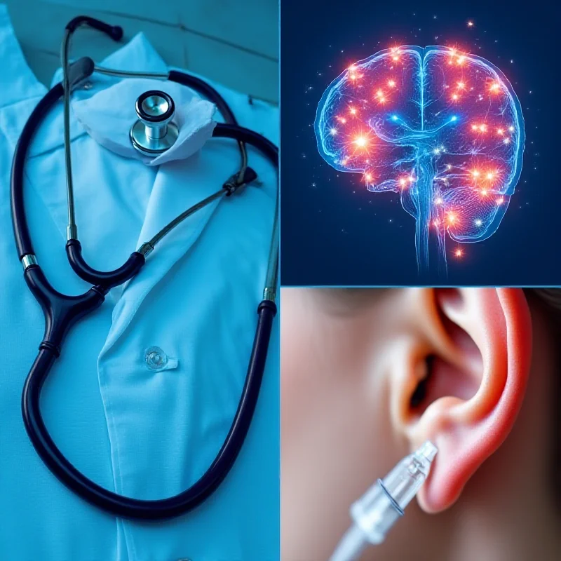 Collage of health-related images: a stethoscope, a brain scan, a syringe, and an ear.