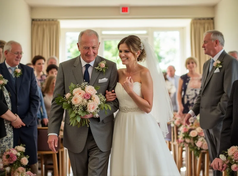 A bride in a wedding dress holding hands with her father in a hospice.