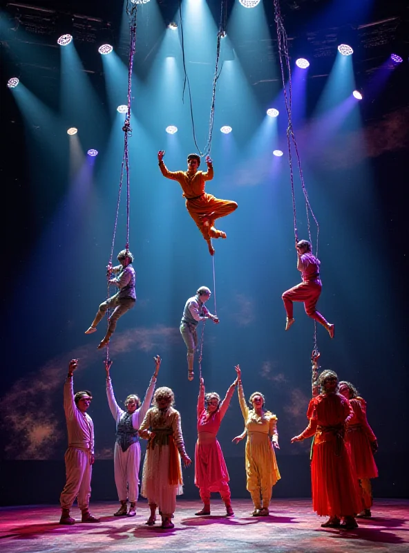 A scene from a dance-circus adaptation of The Little Prince, featuring performers in colorful costumes.