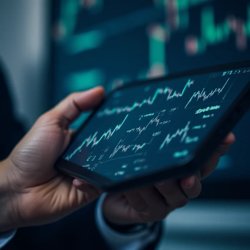 Close up of a hand analyzing stock market data on a tablet with charts and graphs.