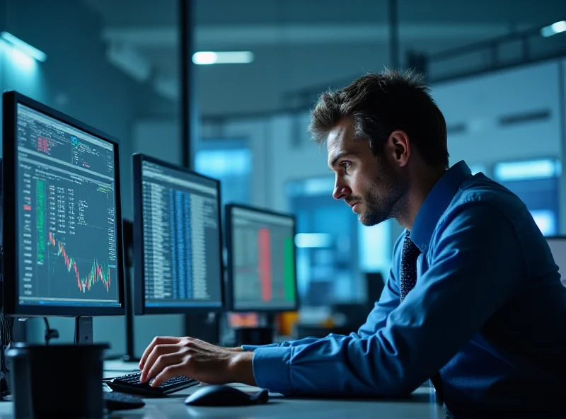 A financial analyst studying stock charts and market data on multiple computer screens in a modern office setting