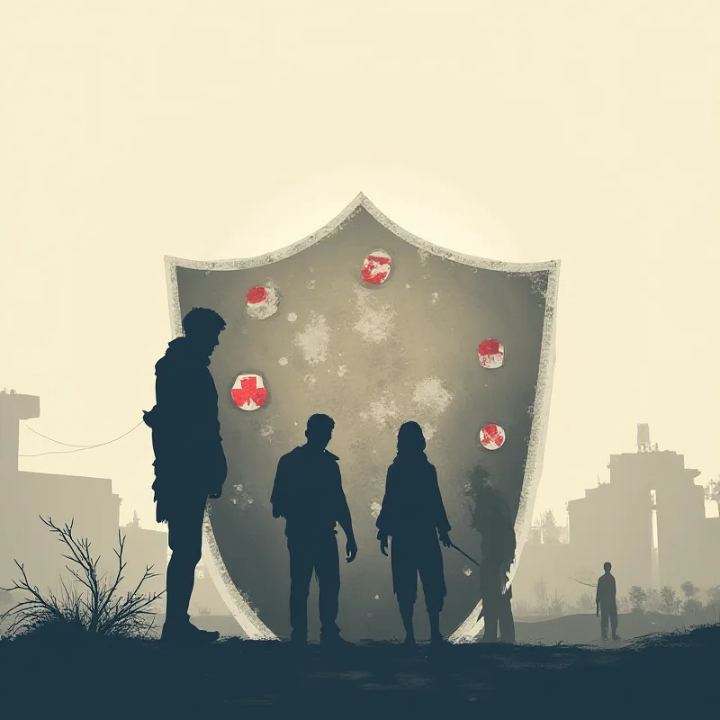 A stylized graphic representing the concept of civilian harm mitigation. It features a silhouette of a family standing in a war-torn environment, partially protected by a shield. The shield is overlaid with symbols representing aid and protection. The overall tone is somber and reflective.