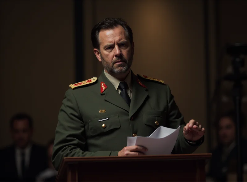 General Augusto Heleno speaking at a podium, looking serious and determined. He is wearing a military uniform.