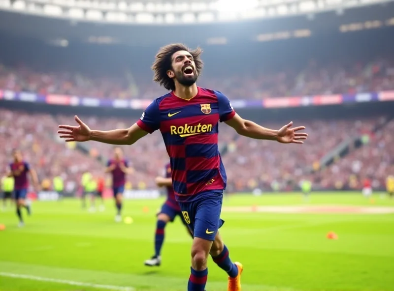 Raphinha celebrating his goal for Barcelona, arms outstretched, with Camp Nou stadium in the background.