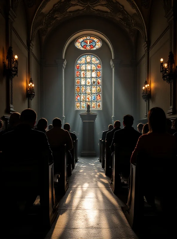 A dimly lit chapel inside the Gemelli Clinic in Rome, with people praying silently. The atmosphere is solemn and reverent.