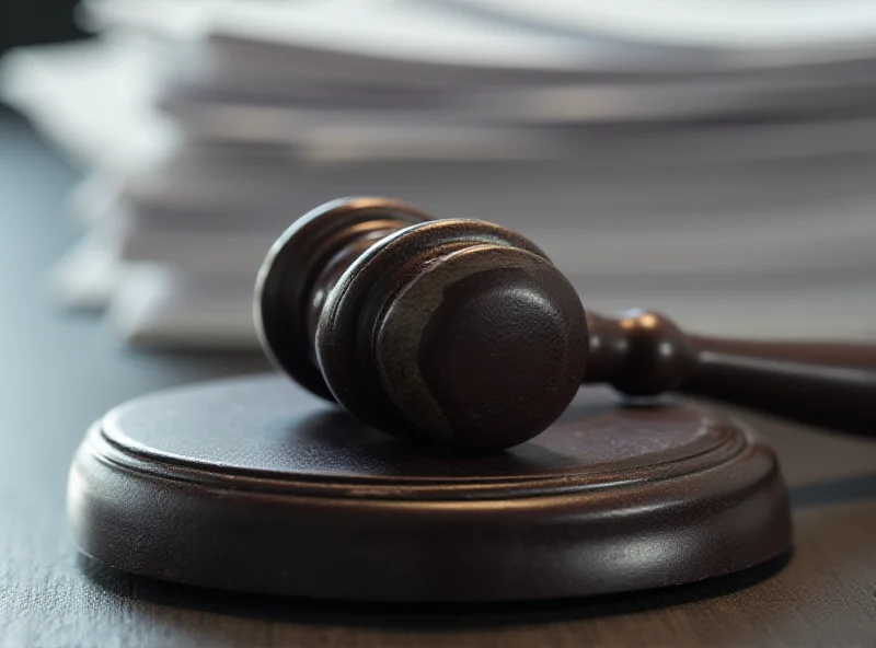 A gavel resting on a wooden block, symbolizing justice and the legal system. Focus on the gavel, with a blurred background of legal documents.