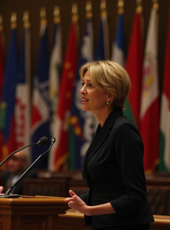 Annalena Baerbock giving a speech at the UN, with flags of various nations in the background.