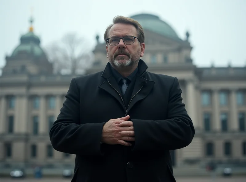 Robert Habeck in a contemplative pose, standing in front of the German Bundestag.