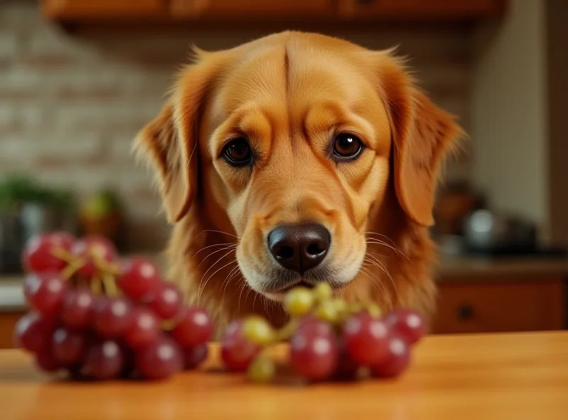 A golden retriever looking longingly at a bunch of grapes on a kitchen counter, with an expression of desire but awareness of the danger.