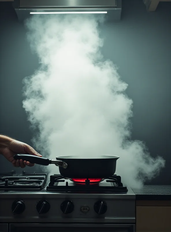 A steamy kitchen scene with a person cooking at the stove, with visible fumes rising from the pan. The image emphasizes the potential for indoor air pollution.