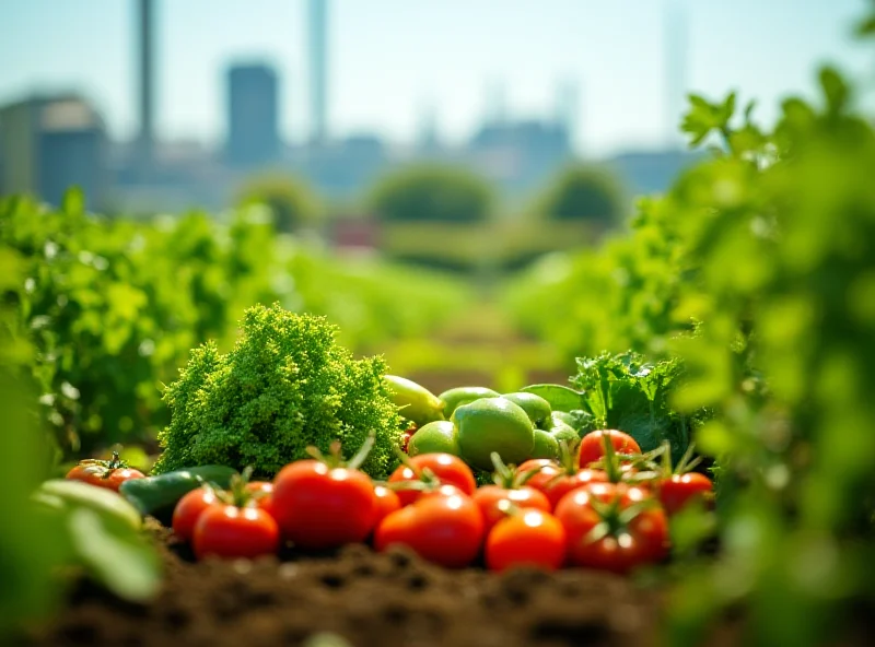 A close-up shot of various fresh vegetables growing in an allotment garden, with a blurred background showing a chemical plant in the distance, symbolizing the potential contamination.