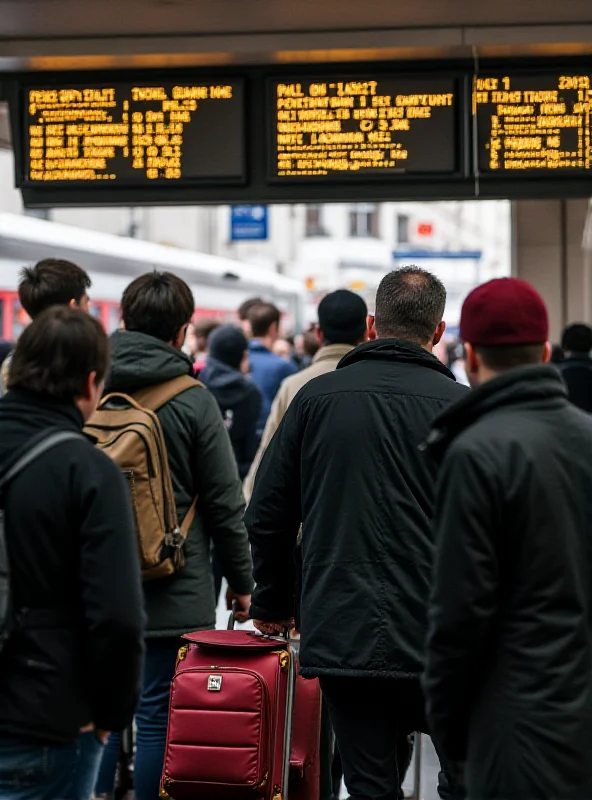 Passengers waiting on a train platform, looking at departure boards with delayed train times.