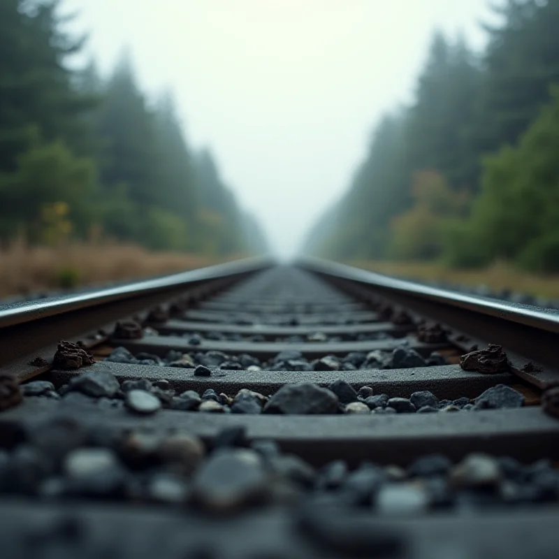 A close-up of train tracks with blurred scenery in the background, symbolizing high-speed travel.