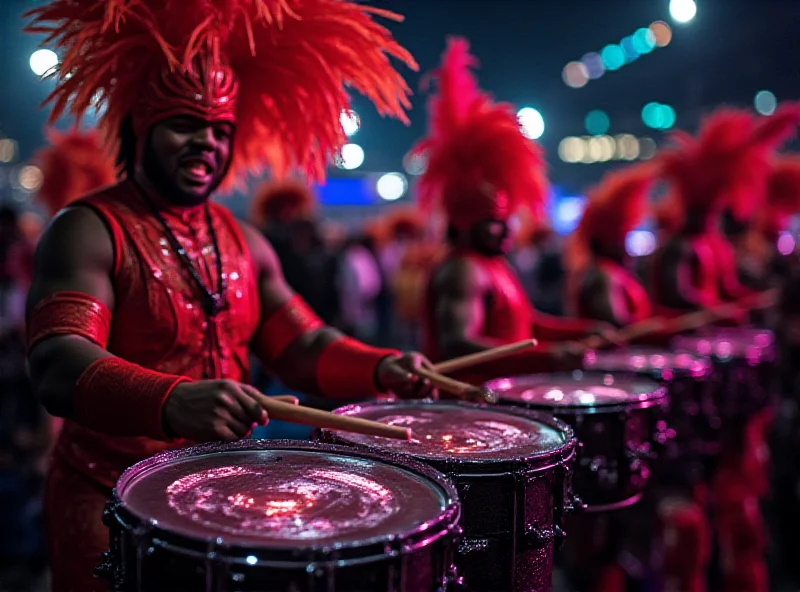 A close-up shot of a drummer in a vibrant costume, surrounded by other drummers, all playing high-tech drums with LED lights.