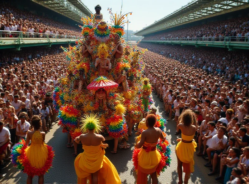 A wide shot of a samba school parade float, brightly decorated with colors of the rainbow and symbols of the LGBTQ+ community.