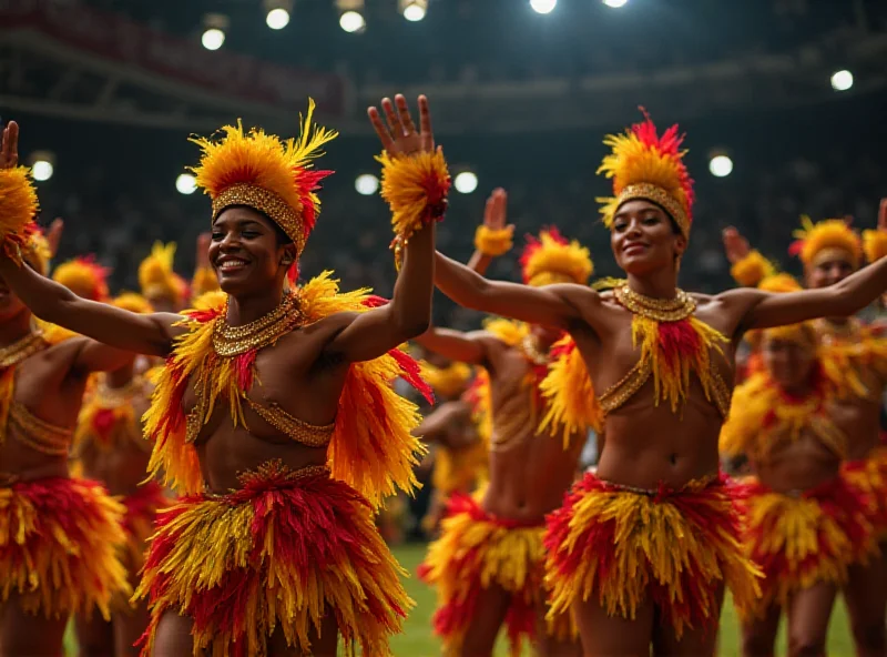 A group of dancers, dressed in elaborate, colorful costumes, performing a synchronized samba routine in the Sambadrome.