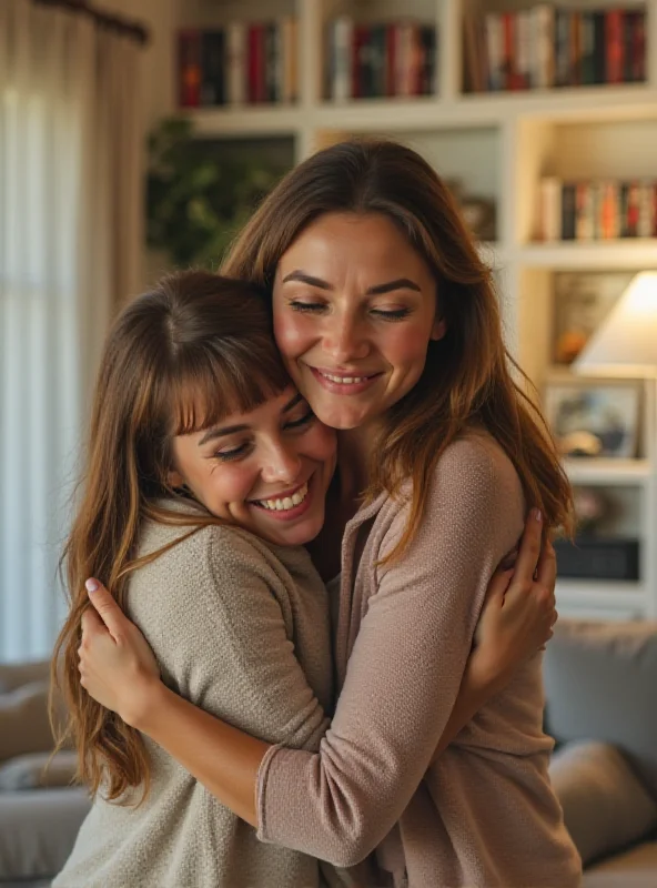 A smiling mother hugging her teenage daughter in a warm, brightly lit living room.